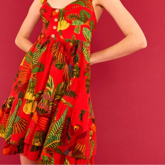 NWT $165 FARM RIO Forest Birds Tiered Linen Blend Dress in size XS and Small! - Picture 8 of 12